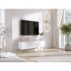 3XELIVING Meuble TV : Blanc Mat / Blanc Brillant, pieds dorées, 140 x 52 x 32 cm