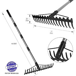 Brands Râteau métal Walensee 165cm, 17 dents acier + manche inox, pour sol, gazon, feuilles.