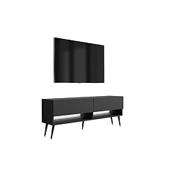 3XELIVING Meuble TV : Noir Mat, pieds obliques noirs, LED blanche, 140 × 32 × 52 cm