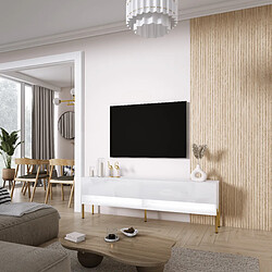 3XELIVING Meuble TV : Blanc Mat / Blanc Brillant, pieds droits dorés, LED blanche, 170 × 32 × 52 cm
