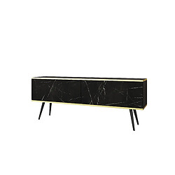 3XELIVING Meuble TV, Noir Mat / Noir royal marbre, pieds Noir, 135 x 30 x 52 cm, Push to Open