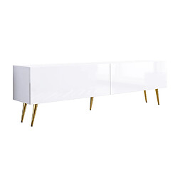 3XELIVING Meuble TV : Blanc Mat / Blanc Brillant, pieds dorées, 170 x 52 x 32 cm
