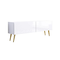 3XELIVING Meuble TV : Blanc Mat / Blanc Brillant, pieds dorées, 140 x 52 x 32 cm