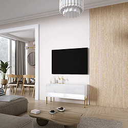 3XELIVING Meuble TV : Blanc Mat / Blanc Brillant, pieds droits dorés, LED blanche, 100 × 32 × 52 cm