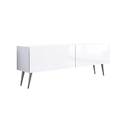 3XELIVING Meuble TV : Blanc Mat / Blanc Brillant, pieds Chrome, 140 x 52 x 32 cm