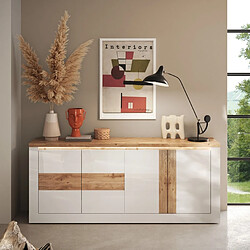 JLC KREATION Buffet moderne 4 portes laqué blanc et bois 210cm ARIA