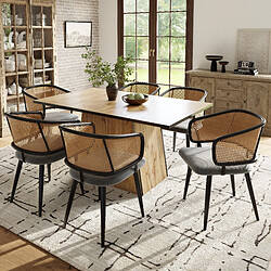 modfu Lot de 6 chaises de salle à manger avec dossier en rotin et assise en velours gris