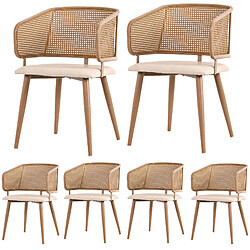 modfu Lot de 6 chaises de salle à manger avec dossier en rotin et assise en pu beige et marron pas cher