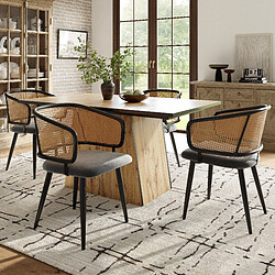 modfu Lot de 4 chaises de salle à manger avec dossier en rotin et assise en velours gris