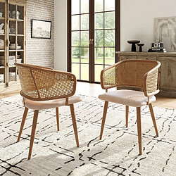 modfu Lot de 2 chaises de salle à manger avec dossier en rotin et assise en pu beige marron