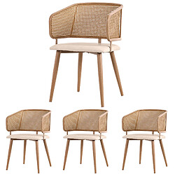 modfu Lot de 4 chaises de salle à manger avec dossier en rotin et assise en pu beige marron pas cher