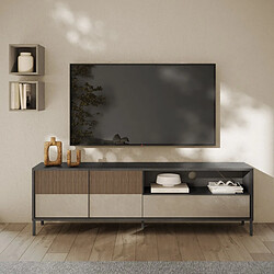 JLC KREATION Meuble TV moderne bois strié et travertin 210cm EZE