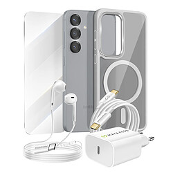 Mayaxess Pack Essentiel pour Galaxy S25 Coque, Verre, Chargeur, Écouteurs (5 pièces) Gris