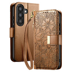 Avizar Étui Portefeuille pour Galaxy A37 Motif Floral avec Poche Zippée Intégré Marron