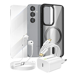 Mayaxess Pack Essentiel pour Galaxy S25 Coque, Verre, Chargeur, Écouteurs (5 pièces) Noir