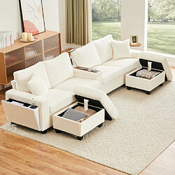 Merax Canapé Angle Fixe-en Velours Côtelé-avec 2 Tabourets-lampe De Lecture-usb/type-c-gris