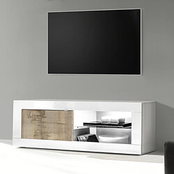 JLC KREATION Meuble TV 1 porte - 2 niches blanc et bois 140cm CALIA