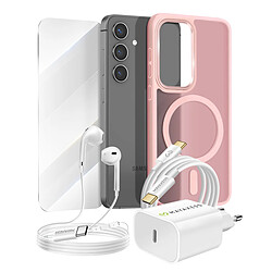 Mayaxess Pack Essentiel pour Galaxy S24 Coque, Verre, Chargeur, Écouteurs (5 pièces) Rose