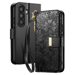 Avizar Étui Portefeuille pour Galaxy A37 Motif Floral avec Poche Zippée Intégré Noir