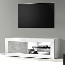 JLC KREATION Meuble TV 1 porte - 2 niches blanc et gris béton 140cm CALIA