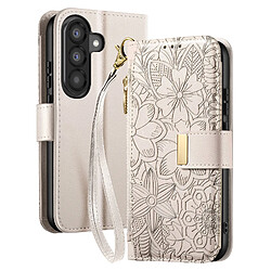 Avizar Étui Portefeuille pour Galaxy A37 Motif Floral avec Poche Zippée Intégré Gris