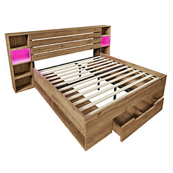 modfu Lit adulte 180x200 cm avec tiroirs et LED, en bois, chêne pas cher