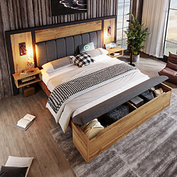 modfu Lit adulte 180x200 cm avec lampe et banc, en bois, chêne