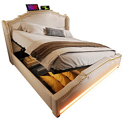 modfu Lit coffre 140x200 cm avec LED et USB-C, en velours, beige pas cher