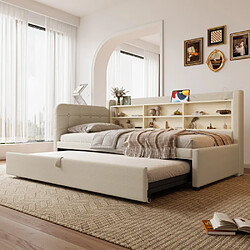 modfu Lit gigogne 90x200 cm avec ports USB et Type C, en lin, beige