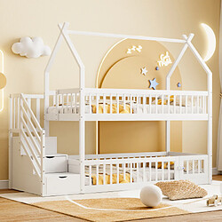 modfu Lit superposé 90x200 cm avec escalier et tiroirs, en bois, blanc