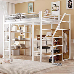modfu Lit mezzanine 140x200 cm avec bureau, en métal, blanc