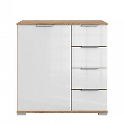 Inside 75 Commode ENSSE 4 tiroirs 1 porte chêne poutre et verre blanc