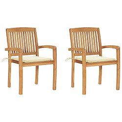 vidaXL Chaises de jardin lot de 2 et coussins crème Bois teck massif