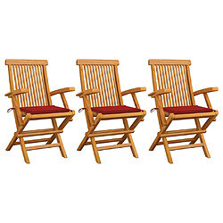 vidaXL Chaises de jardin avec coussins rouge lot de 3 Bois teck massif
