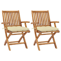 vidaXL Chaises de jardin lot de 2 et coussins blanc crème Teck massif