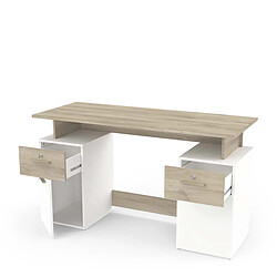 Pegane Bureau meuble de rangement 2 tiroirs 2 portes couleur chêne / blanc mat - Largeur 134,8 x Profondeur 55 x Hauteur 76,4 cm pas cher