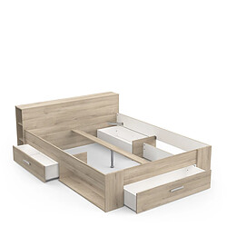 Pegane Lit adulte 160x200 cm avec rangement 3 tiroirs couleur chêne - Largeur 169,1 x Profondeur 226,9 x Hauteur 74,3 cm pas cher