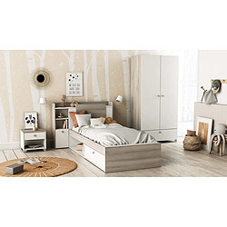 Pegane Lit enfant avec rangement 90x190/200 cm couleur chêne / blanc mat - Largeur 124,5 x Profondeur 226,9 x Hauteur 90,5 cm