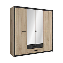 Pegane Armoire placard de rangement 4 portes dont 2 avec miroir couleur chêne / noir - Largeur 198 x Profondeur 56,6 x Hauteur 203,1 cm