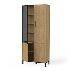 Pegane Vitrine meuble de rangement 4 portes couleur chêne / noir - Largeur 93,4 x Profondeur 39,6 x Hauteur 186,1 cm pas cher