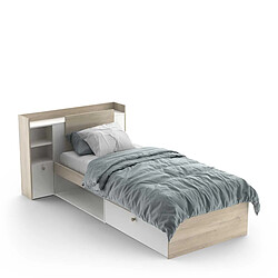 Pegane Lit enfant avec rangement 90x190/200 cm couleur chêne / blanc mat - Largeur 124,5 x Profondeur 226,9 x Hauteur 90,5 cm
