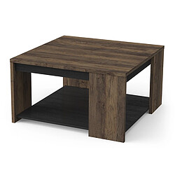 Pegane Table basse carrée avec étagère couleur chêne foncé / noir - Largeur 80 x Profondeur 80 x Hauteur 44,2 cm pas cher
