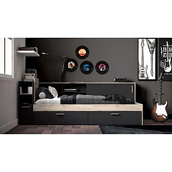 Pegane Lit enfant avec rangement 90x190/200 cm couleur chêne / noir mat - Largeur 119,2 x Profondeur 229,4 x Hauteur 87,7 cm