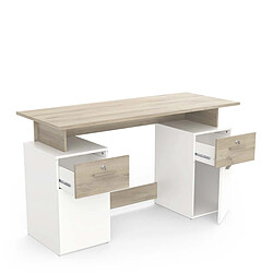 Acheter Pegane Bureau meuble de rangement 2 tiroirs 2 portes couleur chêne / blanc mat - Largeur 134,8 x Profondeur 55 x Hauteur 76,4 cm