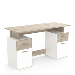 Avis Pegane Bureau meuble de rangement 2 tiroirs 2 portes couleur chêne / blanc mat - Largeur 134,8 x Profondeur 55 x Hauteur 76,4 cm