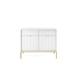 3XELIVING Commode : 2 Tiroirs, 2 Portes, Blanc, or, 104 x 83 x 39 cm, poignées dorées