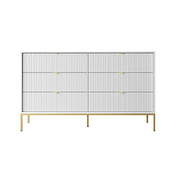 3XELIVING Commode : 6 Tiroirs, Blanc, Pieds Dorés, 154 x 39 x 83 cm, poignées dorées