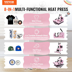 Vevor Presse a Chaud 8-en-1 Plaque 38x38 cm, Machine de Sublimation Textile avec Presse a Tasses de 18-89 cL, Pivotant a 360°, Controle Numerique Precis, DIY T-shirts/Chapeaux/Tasses/Assiettes, Rose