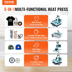 Vevor Presse a Chaud 5-en-1 Plaque 30x38 cm, Machine de Sublimation Textile avec Presse a Tasses de 89 cL, Pivotant a 360°, Controle Numerique Precis, DIY T-shirts/Chapeaux/Tasses/Assiettes, Vert