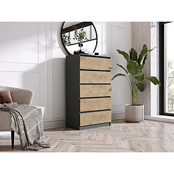 3XELIVING Commode 5 Tiroirs : Anthracite / Chêne Lancelot, 70 x 39 x 125 cm